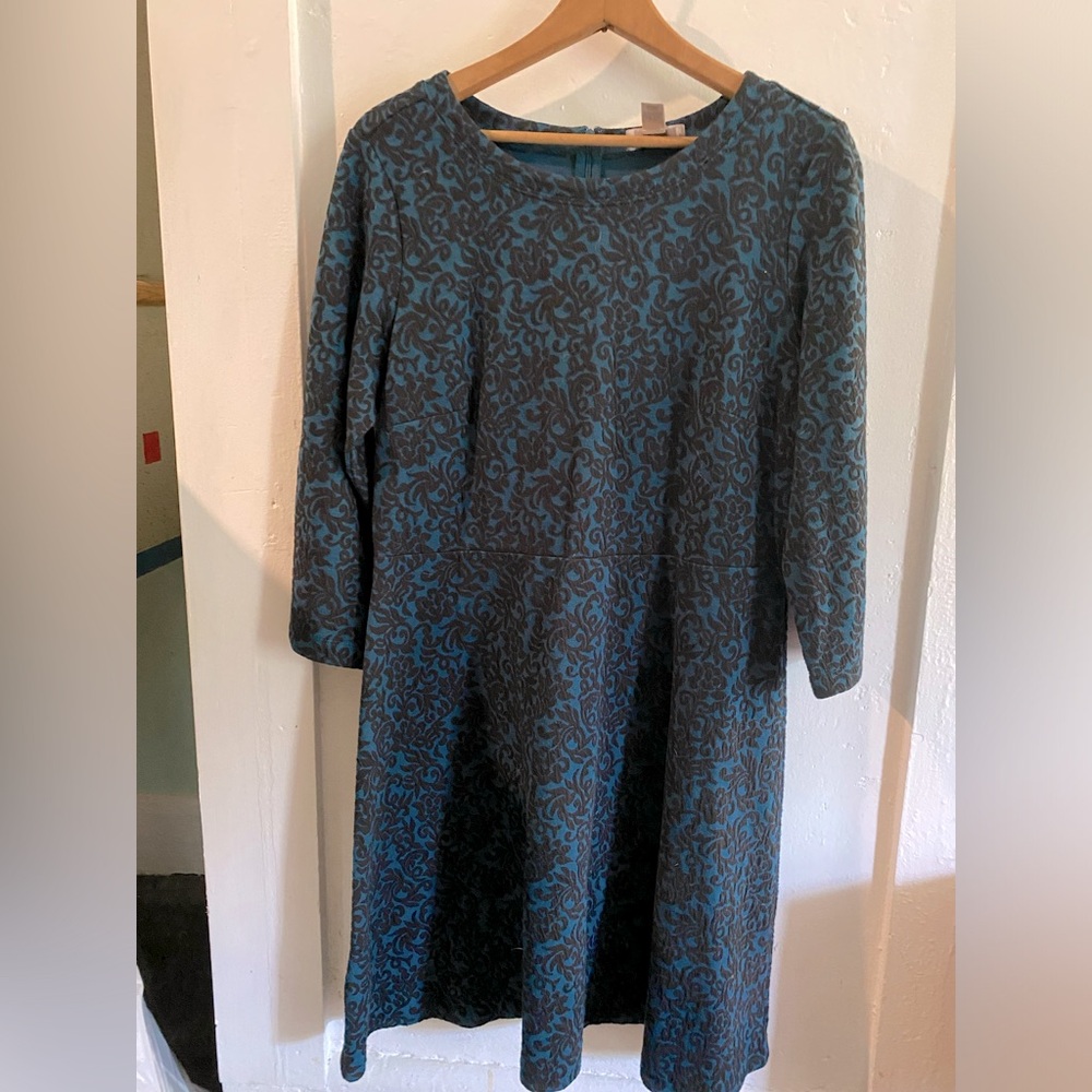 Ann Taylor Size 12 stretchy dress floral jacquard turquoise and black above knee